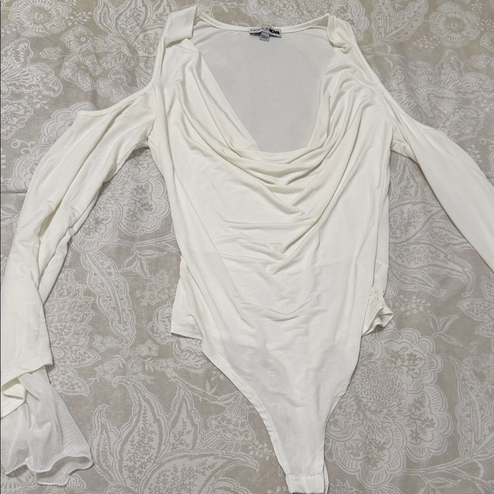 Fashion Nova Cream Draped Cold-Shoulder Bodysuit